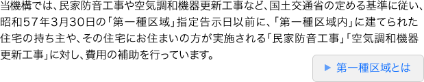 当機構では、民家防音工事や空気調和機器更新工事など、国土交通省の定める基準に従い、昭和57年3月30日の「第一種区域」指定告示日以前に、「第一種区域内」に建てられた住宅の持ち主や、その住宅にお住まいの方が実施される「民家防音工事」「空気調和機器更新工事」に対し、費用の補助を行っています。